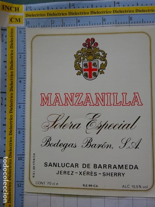 Etiquetas antiguas: ETIQUETA DE BEBIDAS. VINO LICORES. MANZANILLA SOLERA ESPECIAL BODEGAS BAR&Oacute;N SANL&Uacute;CAR DE BARRAMED 120