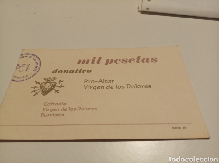 Etiquetas antiguas: Papeleta donativo mil pesetas cofrad&iacute;a virgen de los dolores Burriana