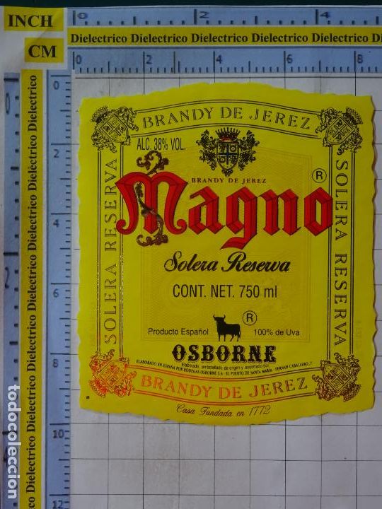 Etiquetas antiguas: ETIQUETA DE BEBIDAS. VINO LICORES. BRANDY DE JEREZ MAGNO SOLERA RESERVA OSBORNE. 460