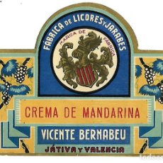 Etiquetas antiguas: JATIVA Y VALENCIA -VICENTE BERNABEU *** CREMA DE MANDARINA ***. Lote 201995022