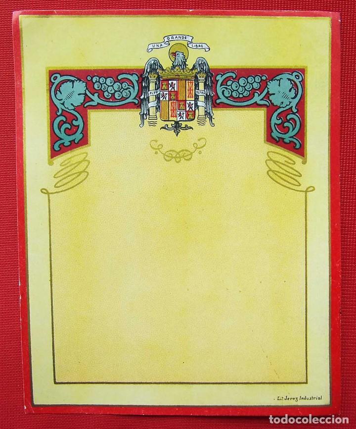 Alte Etiketten: ANTIGUA ETIQUETA. SIN IMPRIMIR. ESCUDO &Aacute;GUILA. LIT. JEREZ INDUSTRIAL. BUEN ESTADO. NUNCA PEGADA.