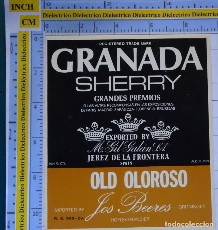 Etiquetas antiguas: ETIQUETA DE BEBIDAS. VINO LICORES. GRANADA SHERRY OLD OLOROSO. IMPORTACI&Oacute;N HOLANDA. 27