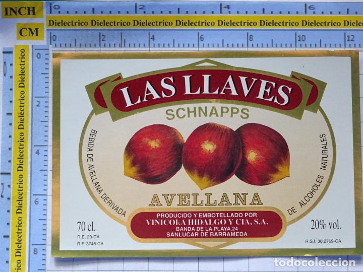 Etichette antiche: ETIQUETA DE BEBIDAS. VINO LICORES. LAS LLAVES SCHNAPPS AVELLANA, SANL&Uacute;CAR DE BARRAMEDA. 47