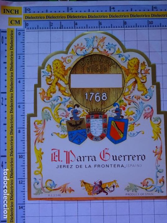 Alte Etiketten: ETIQUETA DE BEBIDAS. VINOS LICORES. BRANDY VIEJO 1768 PARRA GUERRERO JEREZ DE LA FRONTERA 114