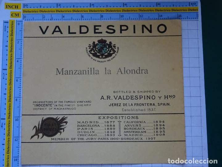Alte Etiketten: ETIQUETA DE BEBIDAS. VINOS LICORES. MANZANILLA LA ALONDRA VALDESPINO. 130