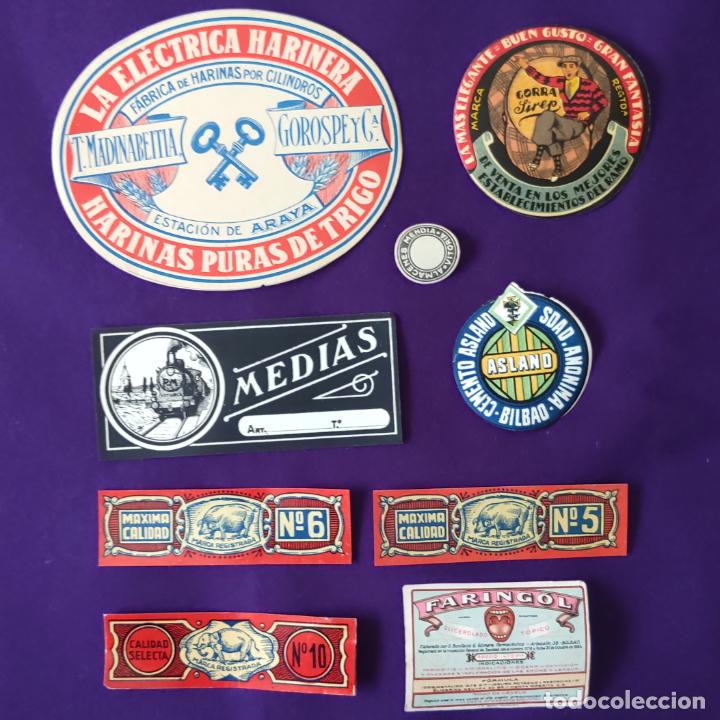 Etiquetas antiguas: 9 ETIQUETAS DIFERENTES DE VITORIA, ARAYA, BILBAO Y VALENCIA. DE 1920 A 1940. FERROCARRIL, FARMACIA..