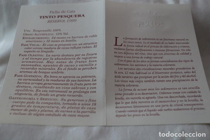 Etiquetas antiguas: FICHA DE CATA ETIQUETA VINO BODEGAS TINTO PESQUERA CRIANZA 2000 RESERVA 1999 VALLADOLID WINE