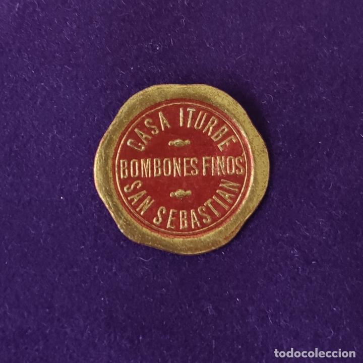Etiquetas antiguas: ETIQUETA DE CASA ITURBE BOMBONES. ORIGINAL DE EPOCA. SAN SEBASTIAN (GUIPUZCOA). 1920-40.