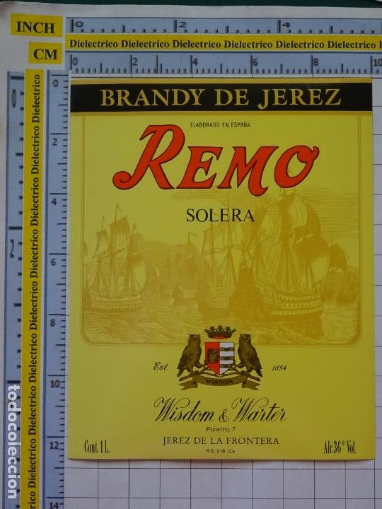 Old Labels: ETIQUETA DE BEBIDAS. VINOS LICORES. BRANDY DE JEREZ REMO SOLERA WISDOM & WARTER. 148