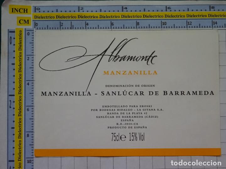 Etichette antiche: ETIQUETA DE BEBIDAS. VINOS LICORES. MANZANILLA SANL&Uacute;CAR DE BARRAMEDA ALBAMONTE. 159