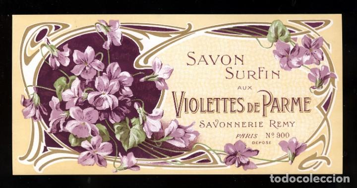 Etiquetas antigas: Etiqueta de jabon SAVON SURFIN AUX VIOLETTES DE PARME. Modernista. Perfumeria