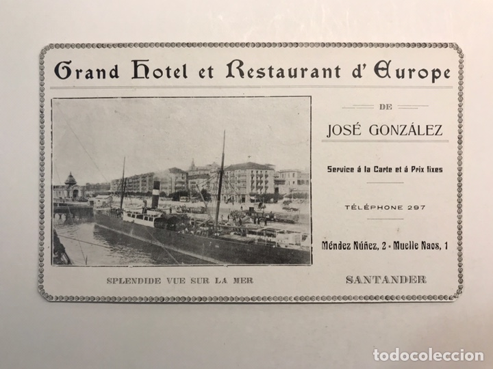 Etiquetas antiguas: SANTANDER. Etiqueta: GRAND HOTEL ET RESTAURANT D&rsquo;EUROPE. Medidas: 18 x 11 cm.,