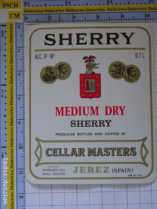 Old Labels: ETIQUETA DE BEBIDAS. VINOS LICORES. SHERRY CELLAR MASTERS MEDIUM DRY . 209