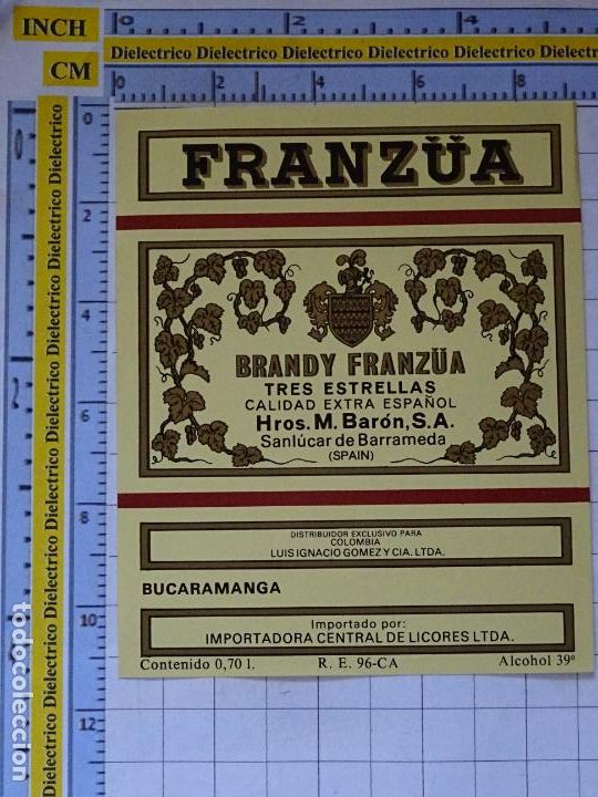 Etichette antiche: ETIQUETA DE BEBIDAS. VINOS LICORES. BRANDY FRANZUA TRES ESTRELLAS SANL&Uacute;CAR . 214
