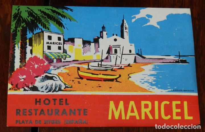 Etiquetas antiguas: ETIQUETA DEL HOTEL RESTAURANTE MARICEL, PLAYA DE SITGES, ETIQUETA PARA MALETA.