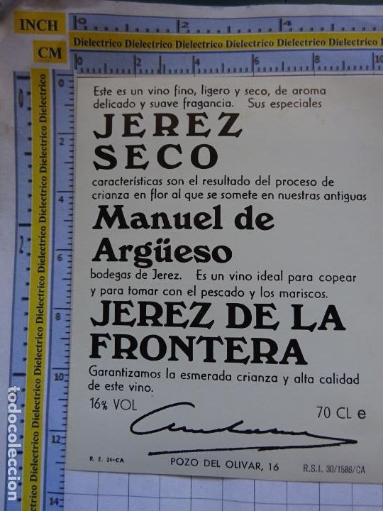 Alte Etiketten: ETIQUETA DE BEBIDAS. VINOS LICORES. JEREZ SECO MANUEL ARG&Uuml;ESO. JEREZ DE LA FRONTERA. 230