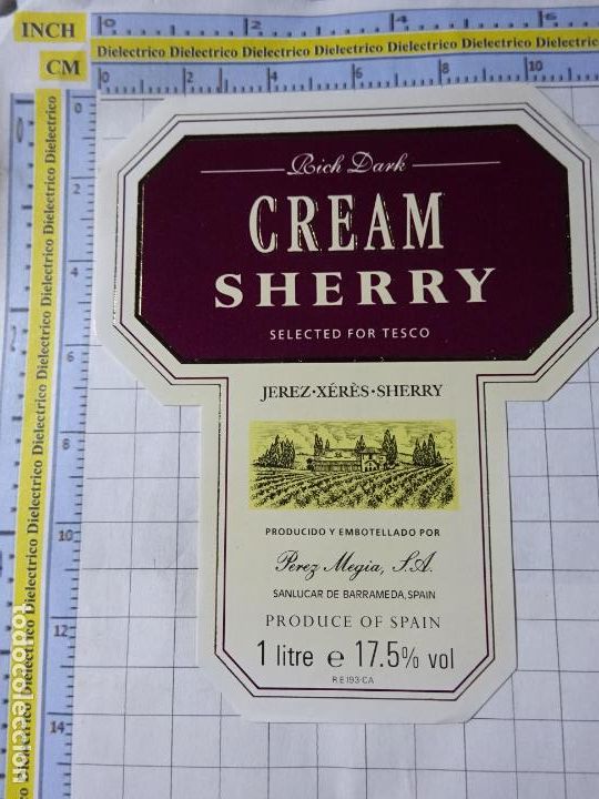 Etichette antiche: ETIQUETA DE BEBIDAS. VINOS LICORES. PEREZ MEGIA SANL&Uacute;CAR BARRAMEDA. CREAM SHERRY. 251