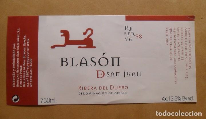 Etiquetas antiguas: ETIQUETA VINO BLASON DE SAN JUAN - RESERVA 1998 - RIBERA DEL DUERO - R.E. N&ordm; 5907-BU