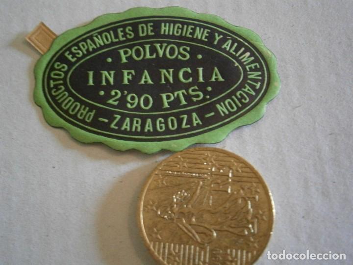 Etiquetas antigas: ETIQUETA DE ZARAGOZA A&Ntilde;OS 30/40. POLVOS INFANCIA
