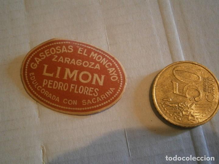 Etiquetas antiguas: ETIQUETA DE ZARAGOZA A&Ntilde;OS 30/40. GASEOSAS EL MONCAYO. LIMON PEDRO FLORES