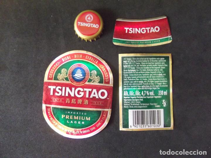 Old Labels: CERVEZA-V9-K-4-ETIQUETAS Y CHAPA-TSINGTAO-CHINA