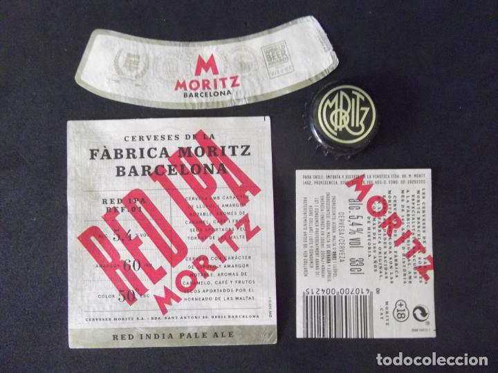 Etiquetas antiguas: CERVEZA-V9-K-4-ETIQUETAS Y CHAPA-MORITZ-RED IPA