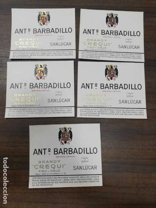 Alte Etiketten: LOTE DE 5 ETIQUETAS DE VINO. ANT. BARABADILLO. SANLUCAR. MEDIDAS : 13 X 11 CM APROX.
