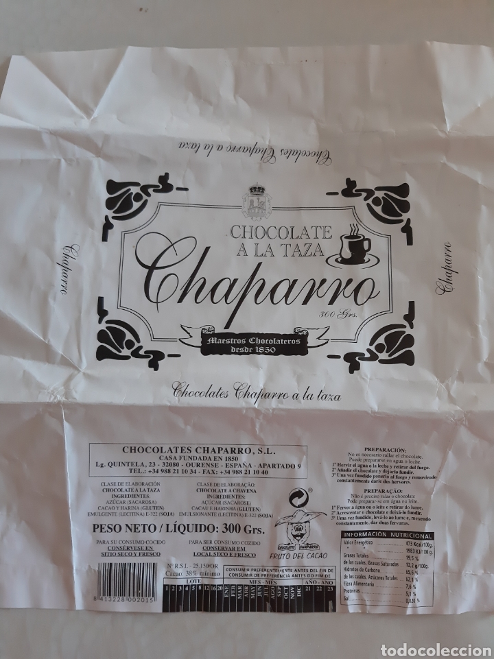 Etiquetas antiguas: EMBOLTORIO CHOCOLATES CHAPARRO 300 GRAMOS GALICIA ORENSE