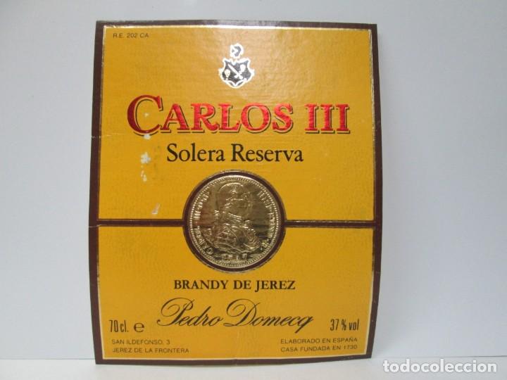 Etiquetas antiguas: ANTIGUA ETIQUETA BRANDY CO&Ntilde;AC, CARLOS III SOLERA RESERVA, 2 ETIQUETAS