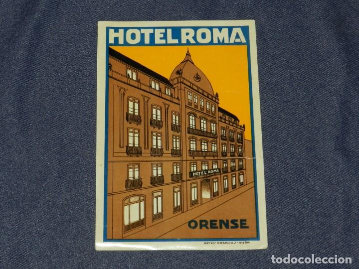 Etiquetas antiguas: ETIQUETA DE HOTEL - HOTEL ROMA ORENSE, ARTES GR&Aacute;FICAS GIJ&Oacute;N, 15X10CM, TIENE UNA ROTURA EN UN LATERAL
