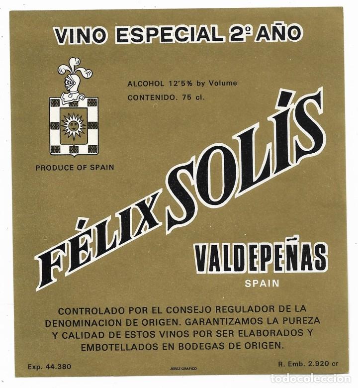 Etiquetas antiguas: ETIQUETA, FELIX SOLIS - VALDEPE&Ntilde;AS, VINO ESPECIAL 2&ordm; A&Ntilde;O. NUEVA
