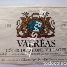 Etiquetas antiguas: ANTIGUA ETIQUETA DE VINO FRANCES - VALREAS - COTES DU RHONE VILLAGES - 1992 -