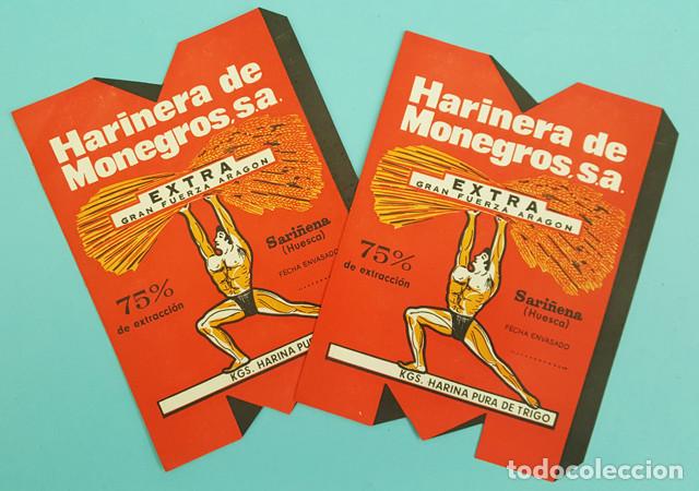Etiquetas antiguas: LOTE 2 ANTIGUAS ETIQUETAS HARINERA DE MONEGROS SARI&Ntilde;ENA, EXTRA GRAN FUERZA ARAGON NUEVAS 16 X 11 CM