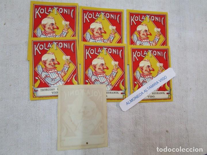 Etiquetas antiguas: VIGO GASEOSAS - 7 RARAS ETIQUETAS ' TRONCOSO HERMANOS KOLA TONIC ' IMPRESAS LONDRES,1920'S 8X6.5CM.