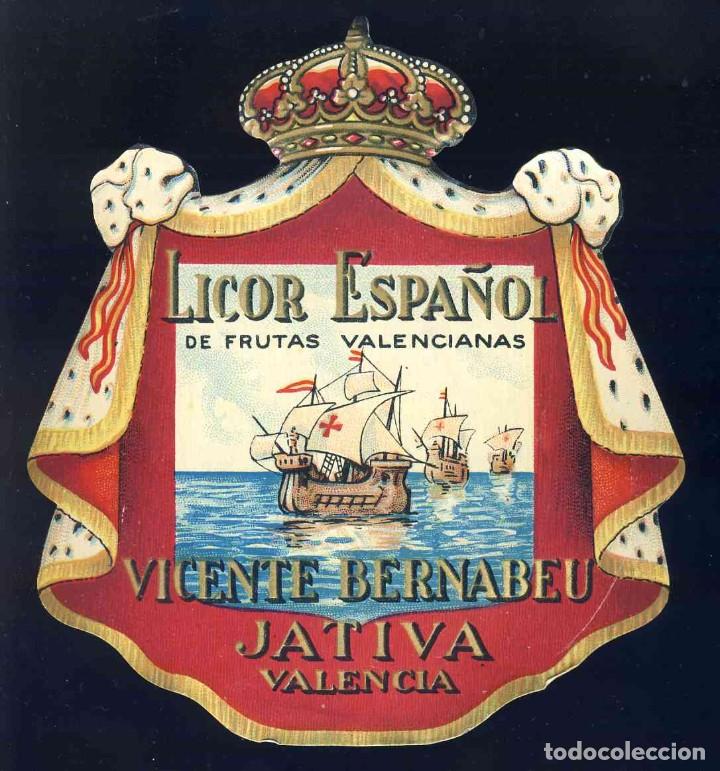 Etiquetas antiguas: Etiqueta de licor Espa&ntilde;ol de Vicente Bernabeu de Xativa. Troquelada