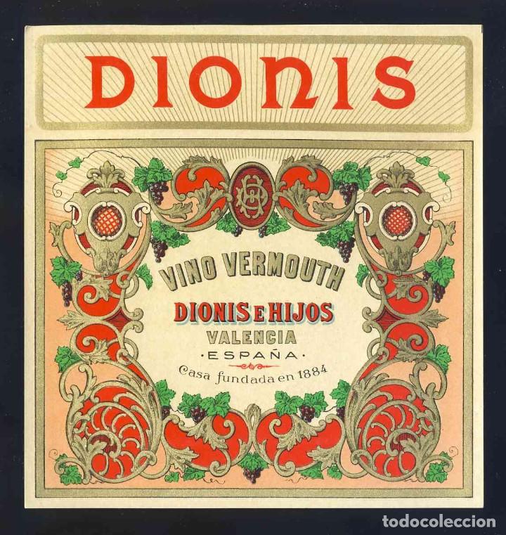 Etiquetas antiguas: Etiqueta de licor: Vino Vermouth DIONIS de Valencia