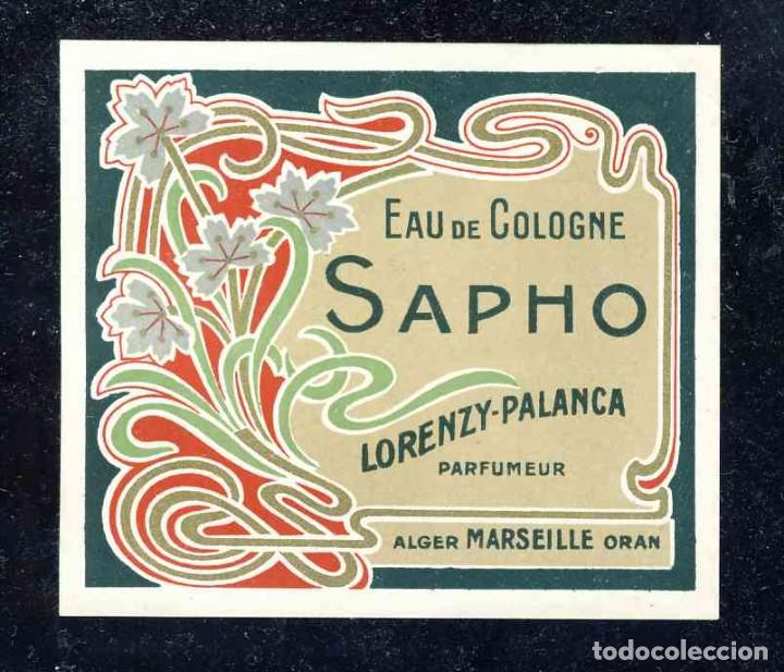 &Eacute;tiquettes anciennes: Etiqueta de perfumeria modernista: EAU DE COLOGNE SAPHO, de Lorenzy Palanca (8,5 x 7,5 cms)