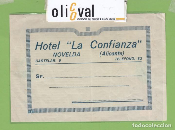 Etiquetas antiguas: ETIQUETA HOTEL LA CONFIANZA NOVELDA ALICANTE ESPA&Ntilde;A DATADA TEL83 COLA 160 X 110 mm m EH3017