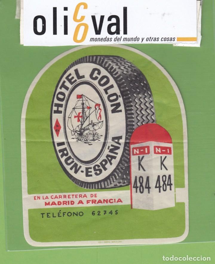 Etiquetas antiguas: ETIQUETA HOTEL COLON IRUN GUIPUZCUA ESPA&Ntilde;A GRIS-PLATA TROQUEL 90 mm m EH3031