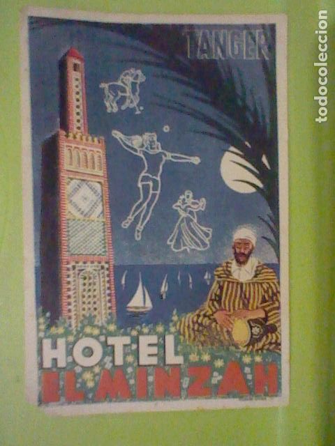 Etiquetas antiguas: ETIQUETA PEGATINA MALETA VINTAGE RETRO HOTEL EL MINZAH TANGER 11,5 X 7,5 CMS PERDIDA PAPEL RARA