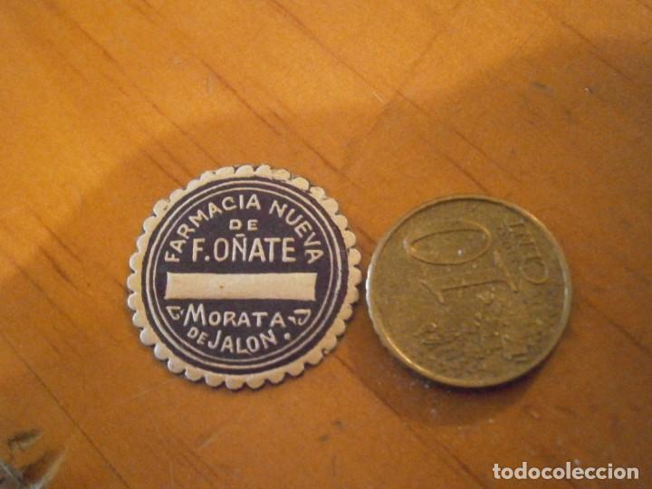 Alte Etiketten: ETIQUETA PUBLICITARIA A&Ntilde;OS 40/50, FAMACIA NUEVA DE F.O&Ntilde;ATE, MORATA DE JALON