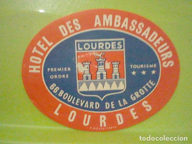 Etiquetas antiguas: ETIQUETA MALETA RETRO HOTEL AMBASSADEURS LOURDES 12 X 9,5 CMS DESPELLEJADO FRONTAL
