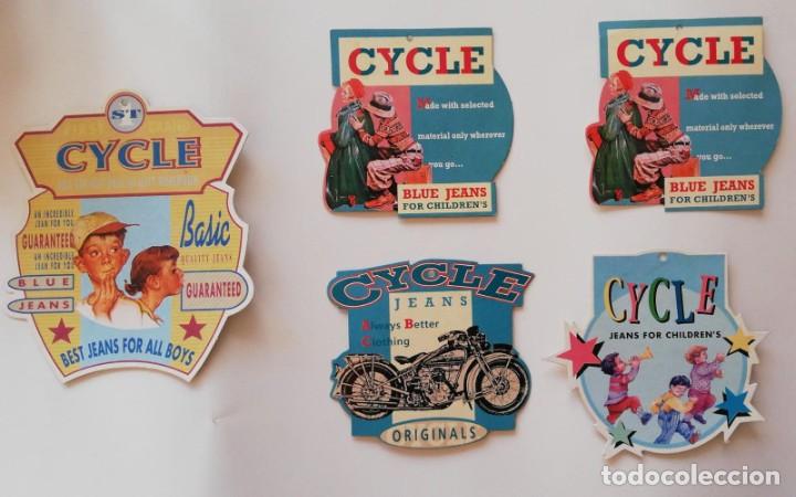 Etiquetas antiguas: Lote de 5 etiquetas pantal&oacute;n vaquero infantil ( tem&aacute;tica a&ntilde;os 50)
