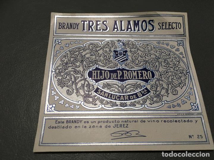 Etiquetas antiguas: Ref 35,,TRES &Aacute;LAMOS BRANDY PEDRO ROMERO -ETIQUETA