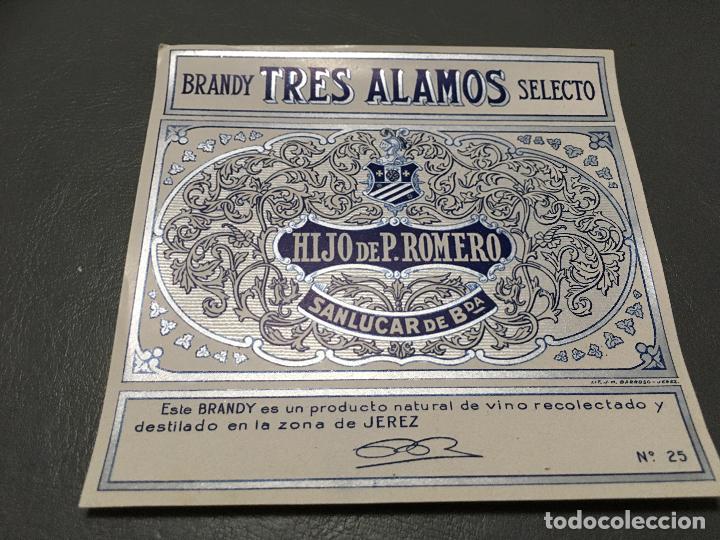 Etiquetas antiguas: Ref 36,,,TRES &Aacute;LAMOS BRANDY PEDRO ROMERO -ETIQUETA