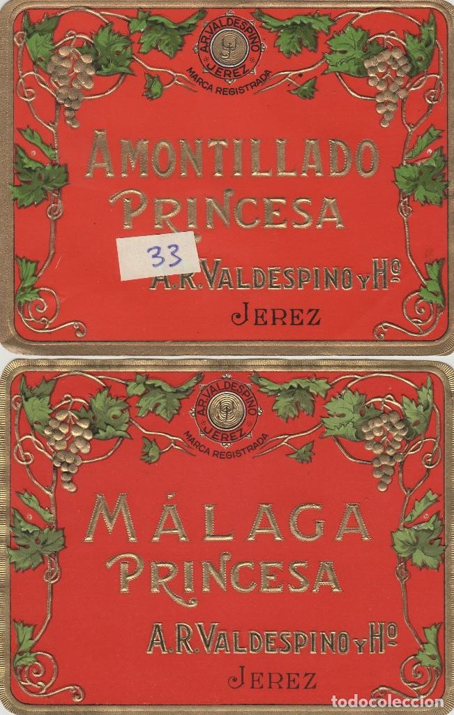 Etiquetas antiguas: VALDESPINO JEREZ , AMONTILLADO , M&Aacute;LAGA PRINCESA -ETIQUETA VINO