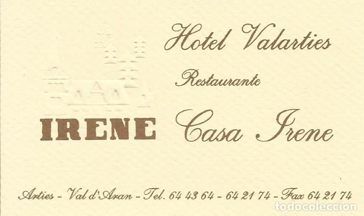 Etiquetas antiguas: Tarjeta publicitaria Irene. Casa Irene. Hotel Valarties. Arties. Val d'Aran. A&ntilde;os 70. Con gofrado.