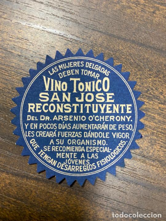 Old Labels: ETIQUETA ANTIGUA DE FARMACIA. VINO T&Oacute;NICO SAN JOS&Eacute;. RECONSTITUYENTE.