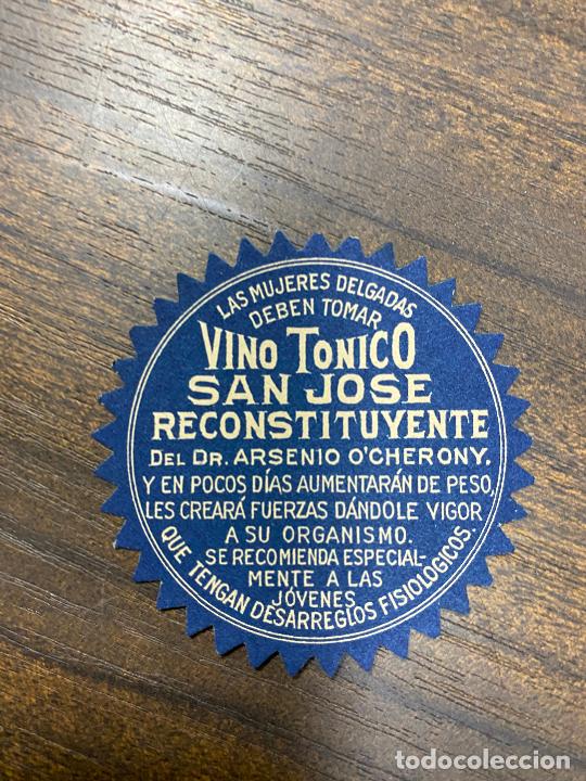 Old Labels: ETIQUETA ANTIGUA DE FARMACIA. VINO T&Oacute;NICO SAN JOS&Eacute;. RECONSTITUYENTE.