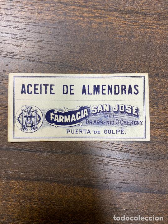 Etichette antiche: ETIQUETA ANTIGUA DE FARMACIA. ACEITE DE ALMENDRAS. FARMACIA SAN JOS&Eacute;.